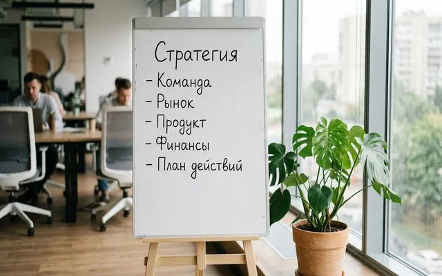 Флипчарт со стратегией: команда, рынок, продукт, финансы, план действий
