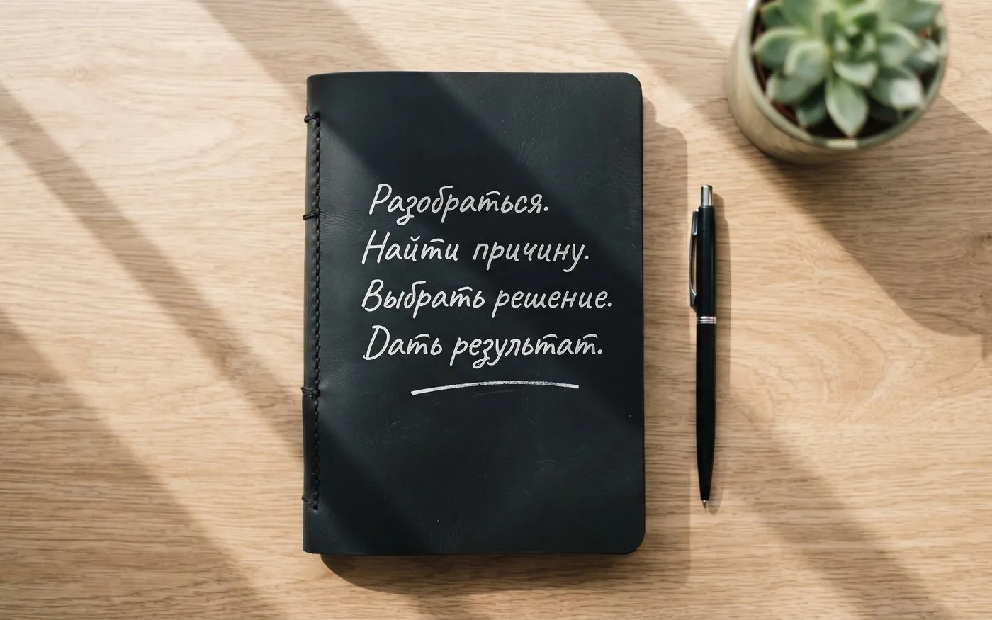 Блокнот с записями: разобраться, найти причину, выбрать решение, дать результат